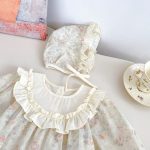 【66-90】ベビー 女の子 小花柄 レトロ フリル 帽子付き ロンパース - 画像 (5)