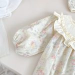 【66-90】ベビー 女の子 小花柄 レトロ フリル 帽子付き ロンパース - 画像 (7)
