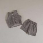 【73-100】セットアップ ベビー 韓国風 チェック ベスト&ショートパンツ - 画像 (4)