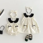 【66-140】ロンパース or ワンピース ベビー 女の子 丸襟 リボン
