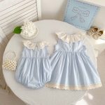 【66-130】ロンパースorワンピース フリル襟 ブルー 姉妹服 - 画像 (3)