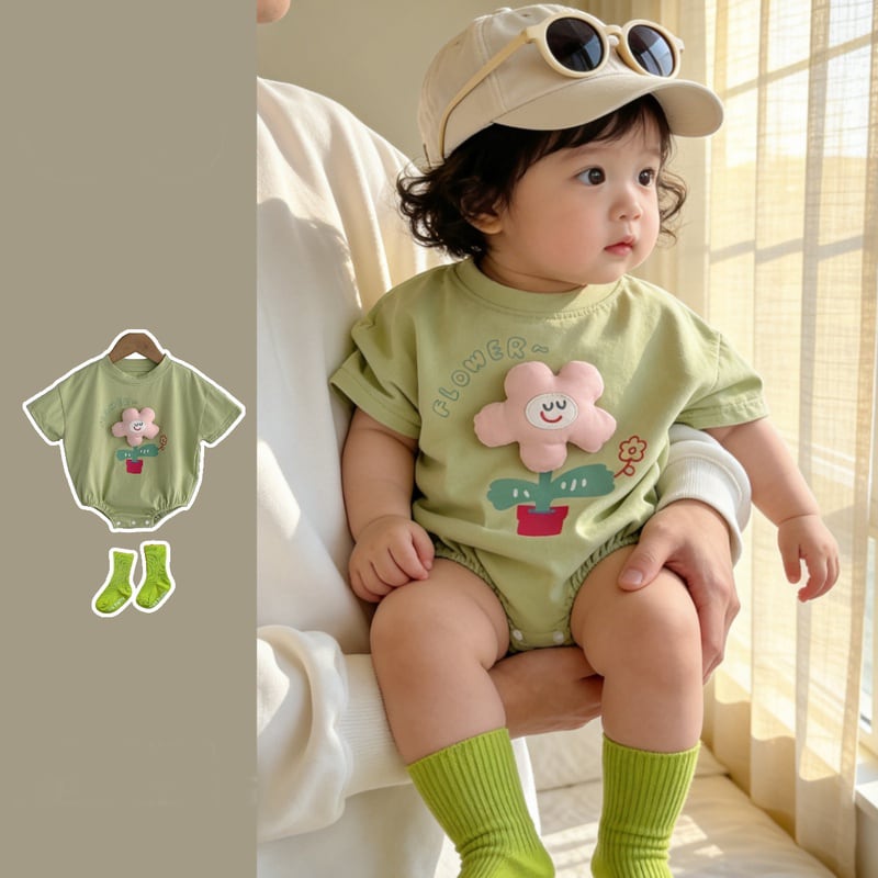 76097c2167cbb692ee4bc00c3c07e497.jpg 【66-90】ロンパース フラワーグリーン 可愛い ベビー服 - 画像 (1)