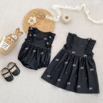 【90-130】ロンパースorワンピース 蝶結び柄 ブラック 姉妹服 - 画像 (6)