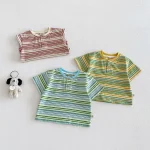 【73-120】半袖Tシャツ ベビー 男の子 ボタン付き ボーダー - 画像 (4)