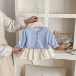 【73-100】セットアップ ブルーカーディガン＆花柄ブルマ おしゃれ ベビー服