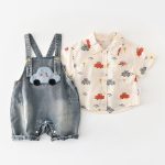 【73-100】セットアップ 車柄 デニム サロペット&シャツ - 画像 (4)