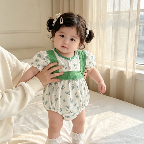 【66-90cm】ロンパース グリーン花 パフスリーブ