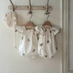 【66-90】ロンパース ベビー 女の子 フラワ刺繍