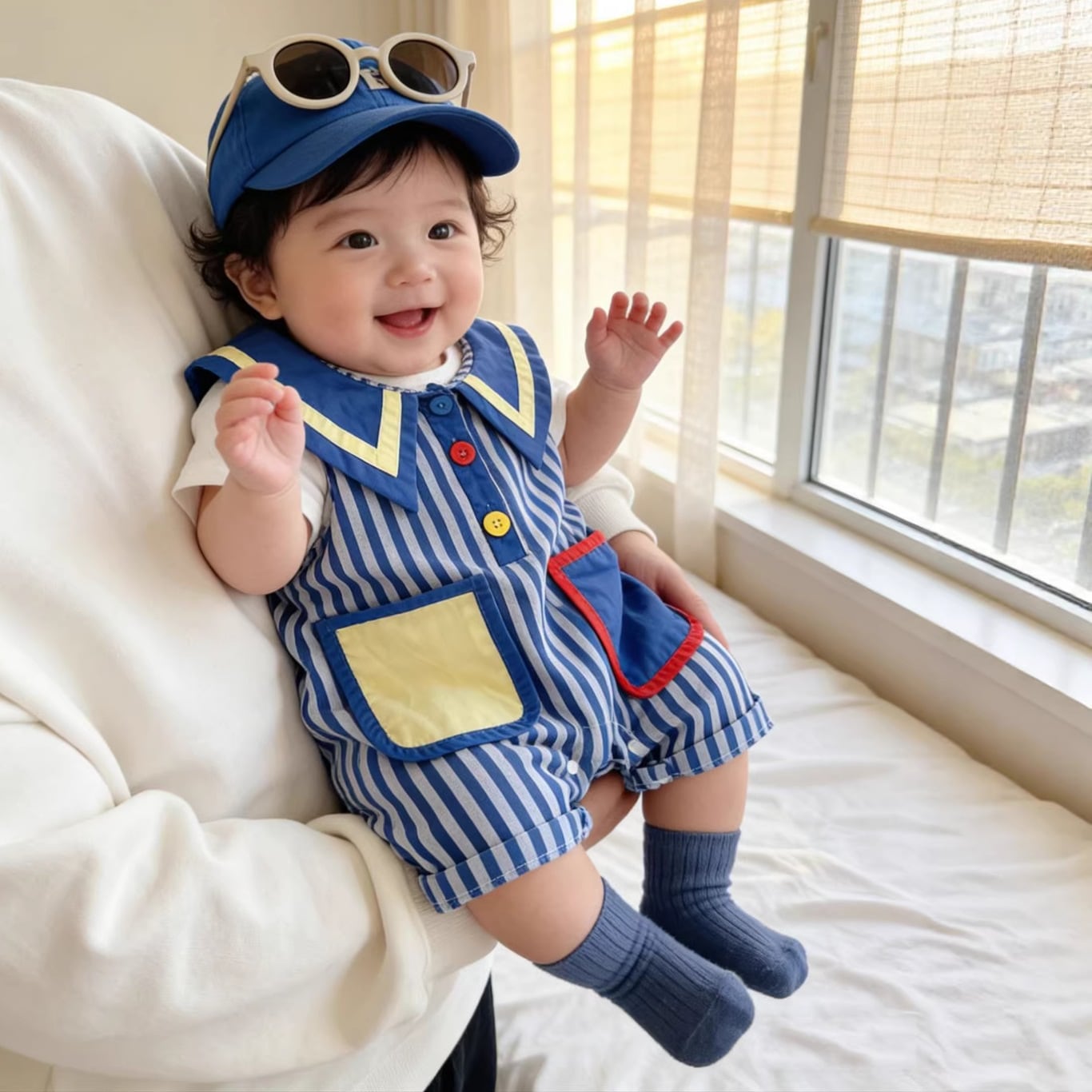 8eae5474cf3c228135476f8bf46f799c.jpg 【66-100】ロンパース ブルー ストライプ 可愛い ベビー服 - 画像 (1)