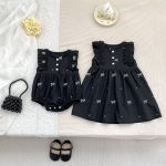 【90-130】ロンパースorワンピース 蝶結び柄 ブラック 姉妹服