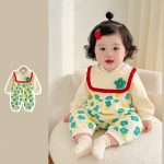 【66-90】ロンパース フラワー柄 スタイ付き 可愛い ベビー服