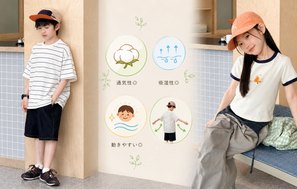 春夏の季節、子供がTシャツ1枚で爽やかにコーデしたおしゃれな着こなし例
