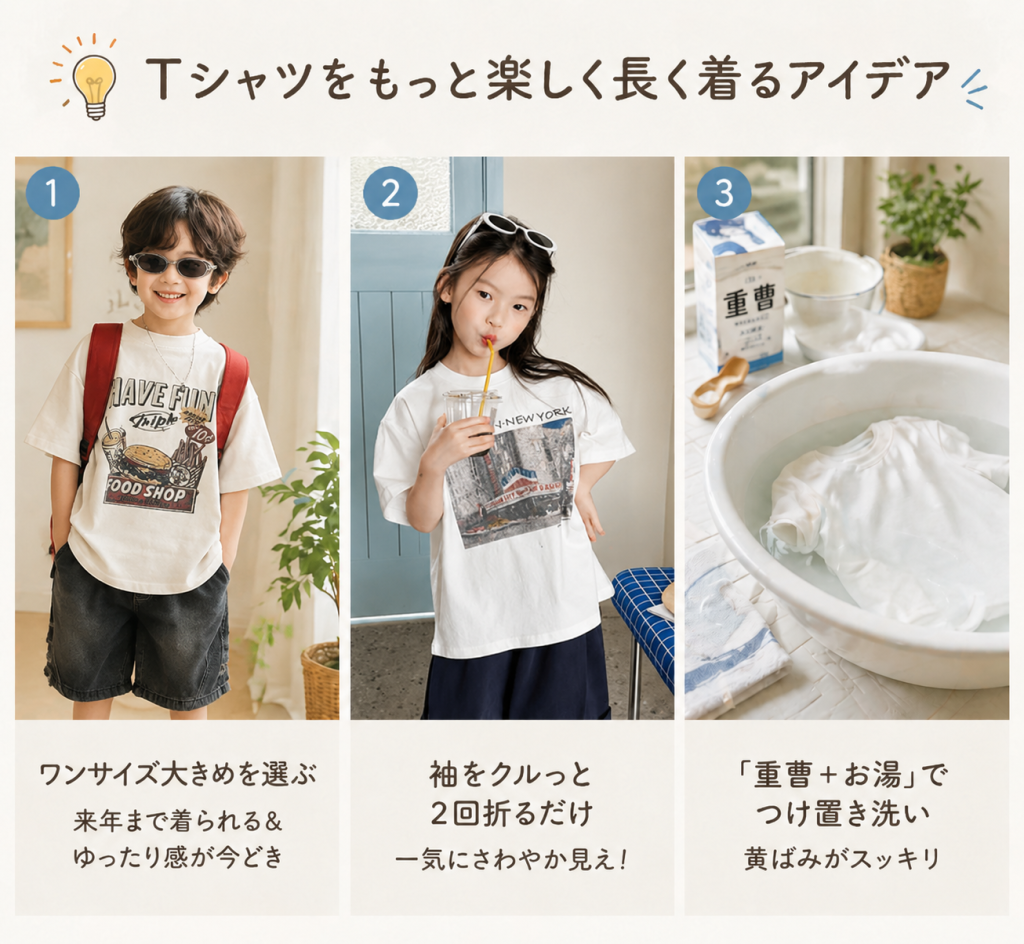 春夏の季節、子供がTシャツ1枚で爽やかにコーデしたおしゃれな着こなし例