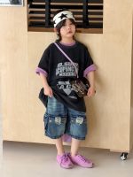 【100-150】Tシャツ ショートパンツ 配色 プリント カジュアル ダメージジーンズ - 画像 (5)