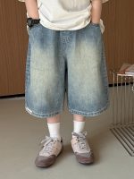 【100-160】5分丈デニムショーツ 韓国風 アルファベットロゴ ゆったりシルエット - 画像 (2)