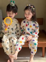 【100-160】パジャマ 韓国風 綿100% ガーゼ キッズ 長袖 長ズボン 上下セット 部屋着 エアコン対策 ルームウェア - 画像 (3)