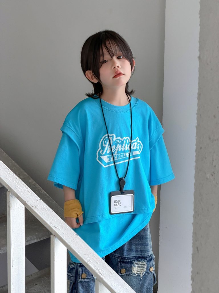 【100-150cm】Tシャツ 切り替え 半袖 プリント ゆったり