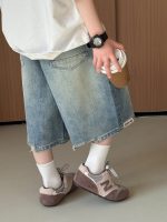 【100-160】5分丈デニムショーツ 韓国風 アルファベットロゴ ゆったりシルエット - 画像 (6)