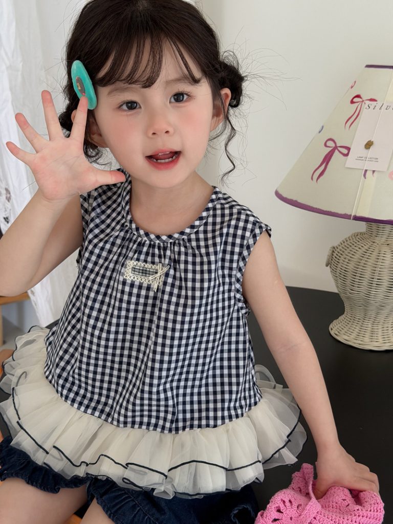 【90-140cm】トップス 女の子 ノースリーブ チェック柄 切り替え