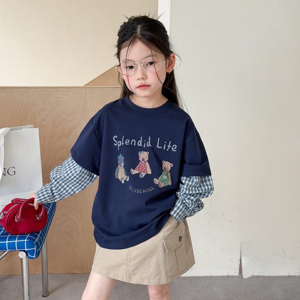 【100-170cm】長袖トップス 女の子 カートゥーン レイヤード風
