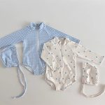 【66-100】水着 チェック柄 ドット柄 長袖 日焼け止め 帽子付き スイムウェア - 画像 (3)