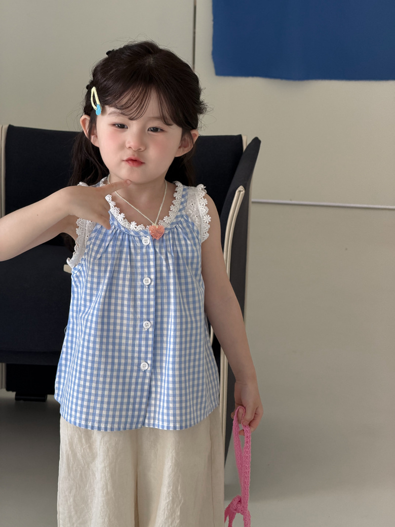 O1CN01NPyDWK1ZxahX0O16w_4266583261-0-cib.jpg 【90-140】ベスト 女の子 チェック柄 レース 切り替え - 画像 (1)
