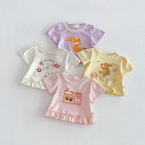 【73-120cm】Tシャツ うさぎプリント 可愛い フリル 韓国風 トップス