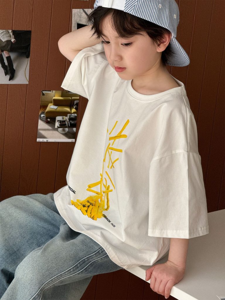 【100-160cm】キッズTシャツ 半袖 ポテトプリント ユニーク 楽ちん着脱 お出かけ