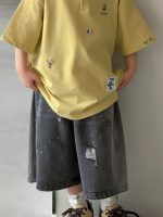 【100-150】ショートパンツ デニム 無地 ゆったり ダメージジーンズ - 画像 (3)