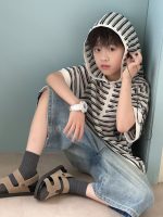 【90-150】Tシャツ 半袖 キッズ フード付き 通気性 白黒ボーダー プルオーバー デイリーカジュアル