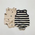 【66-90】ロンパース ノースリーブ 総柄ストライプ ベビー服 - 画像 (3)