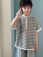 【90-150】Tシャツ 半袖 キッズ フード付き 通気性 白黒ボーダー プルオーバー デイリーカジュアル - 画像 (2)