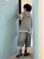 【90-150】Tシャツ 半袖 キッズ フード付き 通気性 白黒ボーダー プルオーバー デイリーカジュアル - 画像 (6)