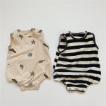 【66-90】ロンパース ノースリーブ 総柄ストライプ ベビー服 - 画像 (2)