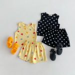 【80-130】セットアップ 女の子 ノースリーブ ハート・ドット柄 トップス＆ショートパンツ - 画像 (4)