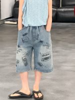 【90-160】ショートパンツ 男の子 プリント ジーンズ ゆったり