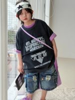 【100-150】Tシャツ ショートパンツ 配色 プリント カジュアル ダメージジーンズ - 画像 (4)