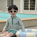 【90-140】水着 ハーフジップ ボーダー柄 スイムウェア