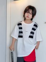 【100-150】Tシャツ 半袖 ストライプ 配色 切り替え - 画像 (2)