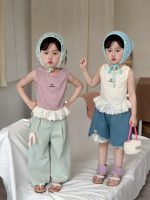 【90-140】ベスト 女の子 レース フリル ニット