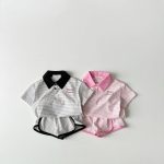 【80-130】セットアップ ストライプ 半袖 ポロシャツ+ショートパンツ - 画像 (4)