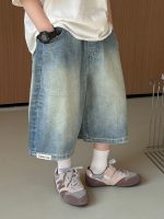 【100-160】5分丈デニムショーツ 韓国風 アルファベットロゴ ゆったりシルエット - 画像 (3)
