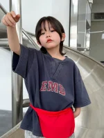【100-150】Tシャツ 切り替え Vネック 半袖 - 画像 (6)