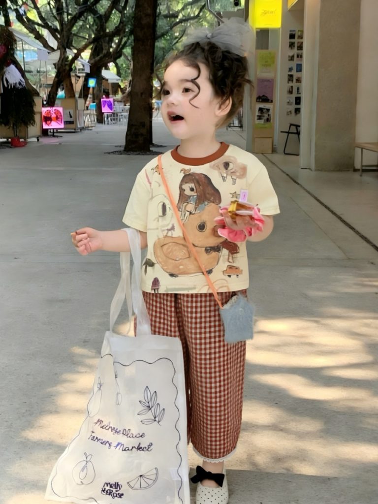 【90-150cm】半袖Ｔシャツorパンツ 女の子 チェック柄 カートゥーン