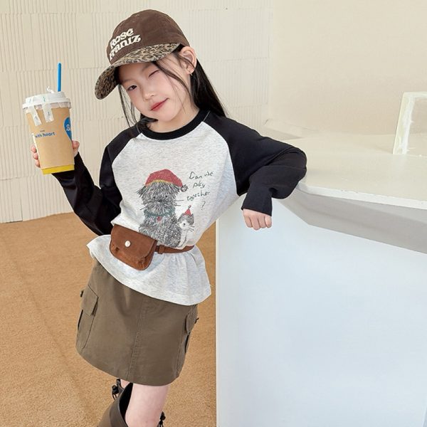 【100-170cm】長袖トップス 女の子 動物柄 カジュアル 配色