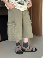 【90-150】7分丈デニムパンツ 韓国ヴィンテージ風 ビッグポケット 長く愛せる1本 - 画像 (2)