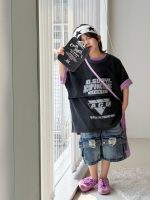 【100-150】Tシャツ ショートパンツ 配色 プリント カジュアル ダメージジーンズ - 画像 (3)