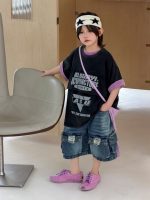 【100-150】Tシャツ ショートパンツ 配色 プリント カジュアル ダメージジーンズ - 画像 (6)