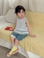 【90-140】ベスト 女の子 チェック柄 レース 切り替え - 画像 (5)
