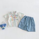 【73-100】シャツorショートパンツ ベビー ストライプ ゆったり
